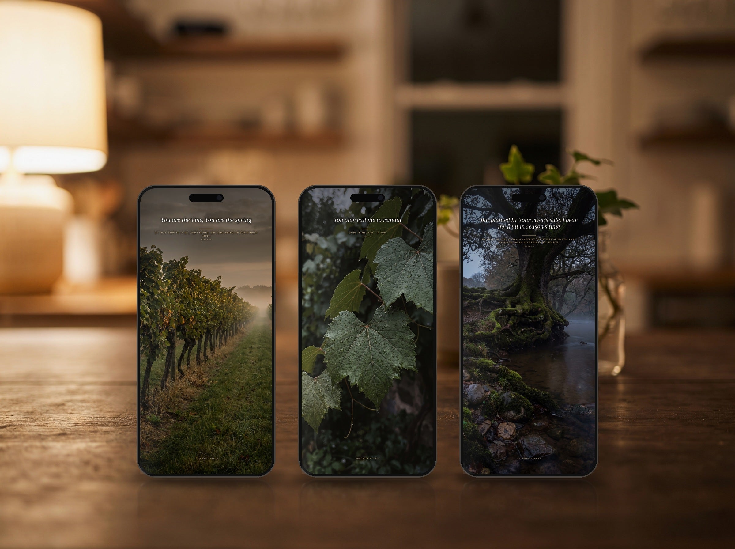 All three phone wallpapers from this set shown on three phones